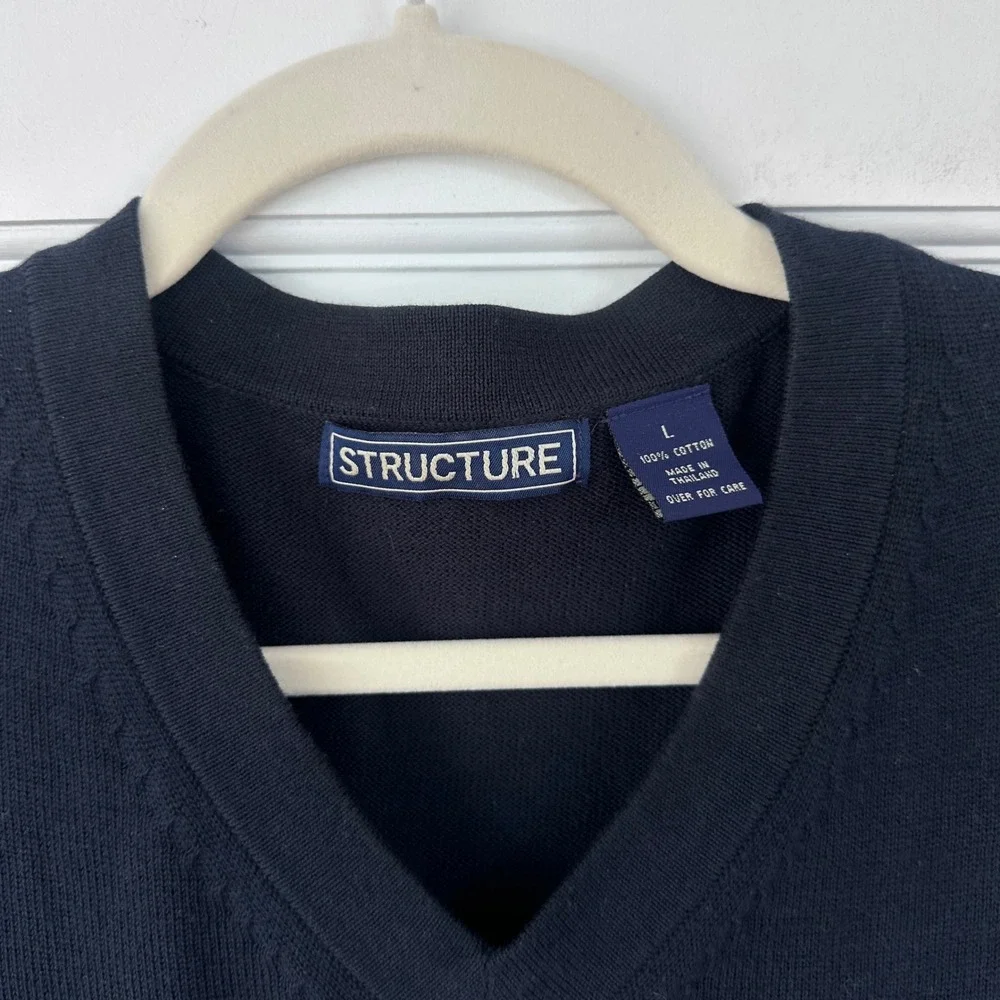 Structure Mens Navy Blue V-Neck Sweater 100%‎ Cotton Knit Pullover Large